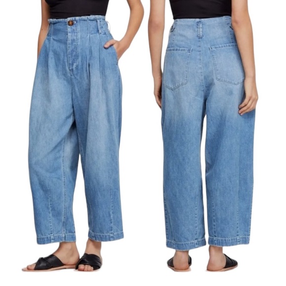 NWT Free People Paperbag Baggy Barrel Leg Linen Blend Cropped Jeans Womens 12 - Picture 1 of 12